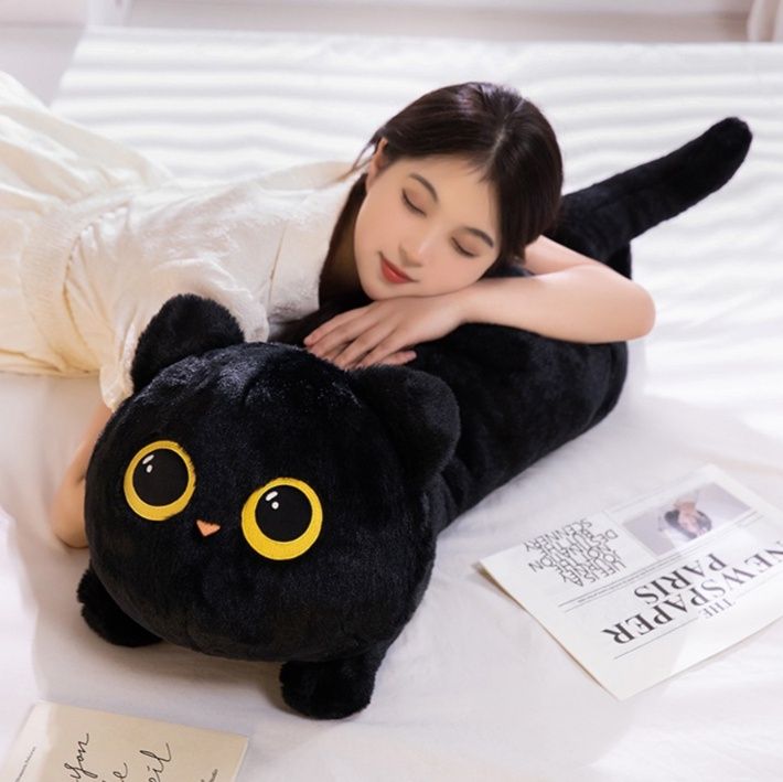 猫ぬいぐるみ 黒猫 まんまる目の寝そべり猫ぬいぐるみ