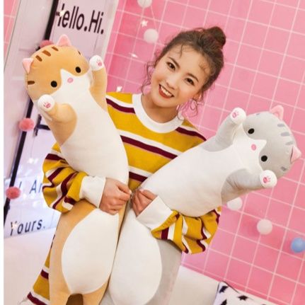 猫ぬいぐるみ ばんざい姿のロング抱き枕グレー猫ぬいぐるみ