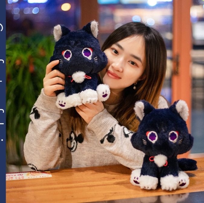 猫ぬいぐるみ もこもこ座りポーズ黒子猫のぬいぐるみ