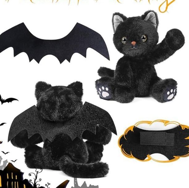 猫ぬいぐるみ こうもり羽根付き黒色子猫のぬいぐるみ