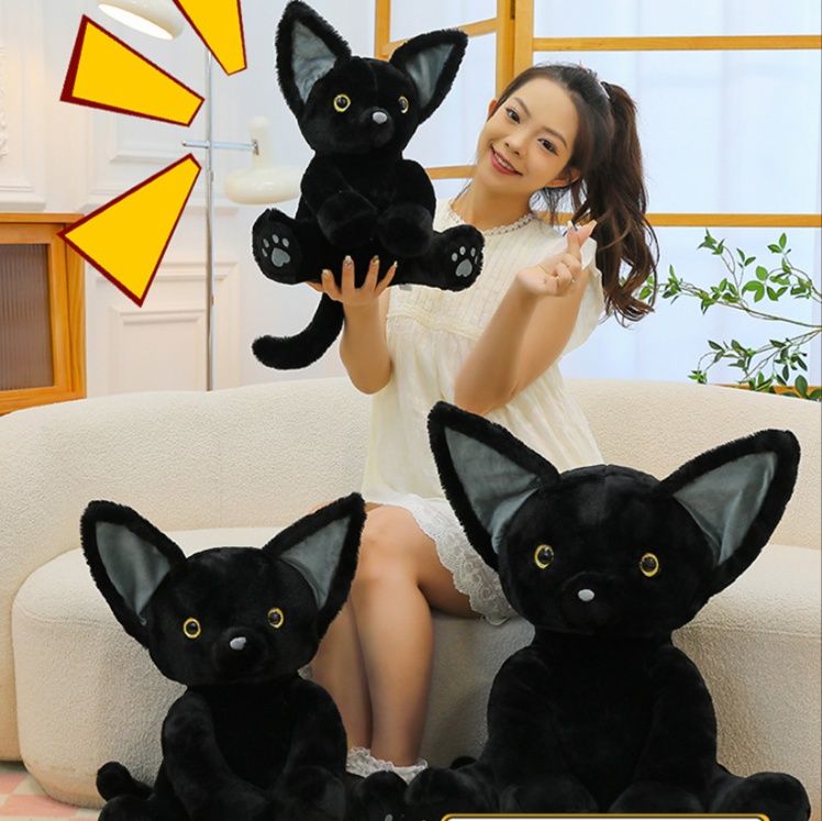 猫ぬいぐるみ 大きな耳の黒色子猫抱き枕ぬいぐるみ