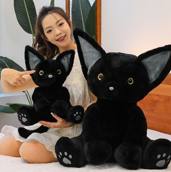 猫ぬいぐるみ 大きな耳の黒色子猫抱き枕ぬいぐるみ