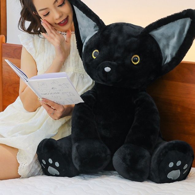 猫ぬいぐるみ 大きな耳の黒色子猫抱き枕ぬいぐるみ
