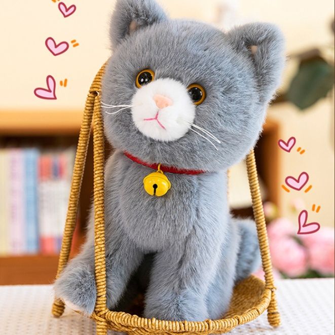 猫ぬいぐるみ 金の鈴付き愛らしいグレー色の子猫ぬいぐるみ