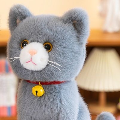 猫ぬいぐるみ 金の鈴付き愛らしいグレー色の子猫ぬいぐるみ