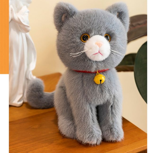 猫ぬいぐるみ 金の鈴付き愛らしいグレー色の子猫ぬいぐるみ