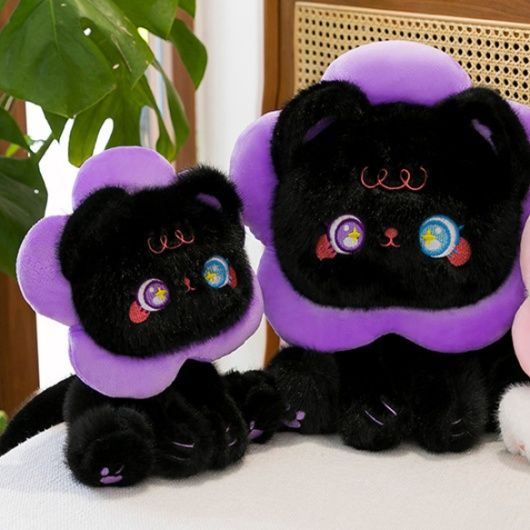 猫ぬいぐるみ 花びら襟巻き黒色子猫のふわふわ座り姿ぬいぐるみ