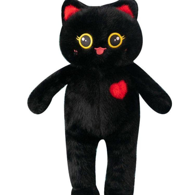 猫ぬいぐるみ 赤い耳と胸元ハートの大きな目の黒色子猫ぬいぐるみ