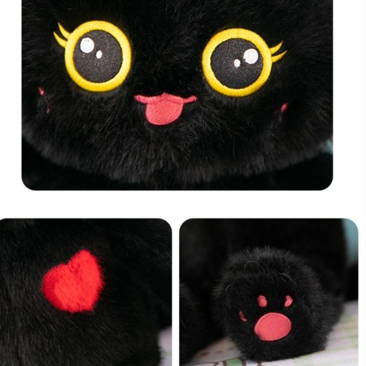 猫ぬいぐるみ 赤い耳と胸元ハートの大きな目の黒色子猫ぬいぐるみ