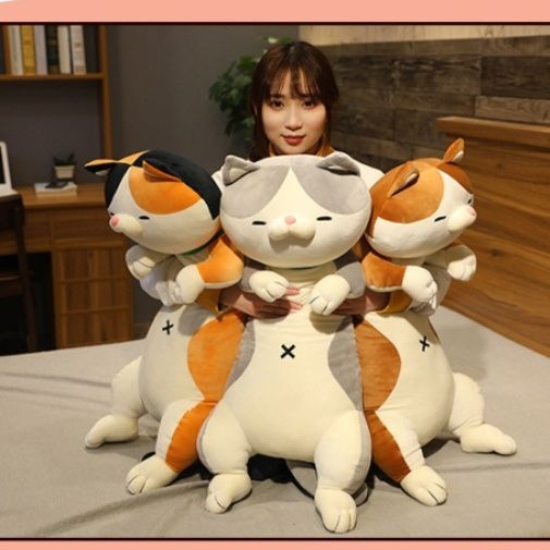 猫ぬいぐるみ もちもち抱き枕 細長い猫ぬいぐるみ　グレー