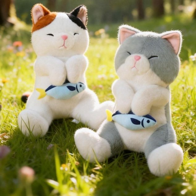 猫ぬいぐるみ 三毛猫ぬいぐるみ 小魚を抱えたおすわり猫