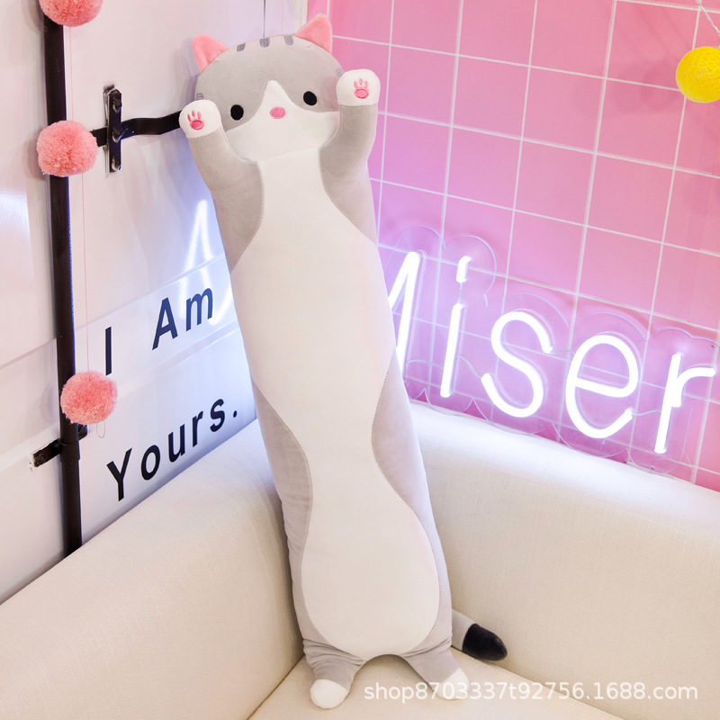 猫ぬいぐるみ ばんざい姿のロング抱き枕グレー猫ぬいぐるみ