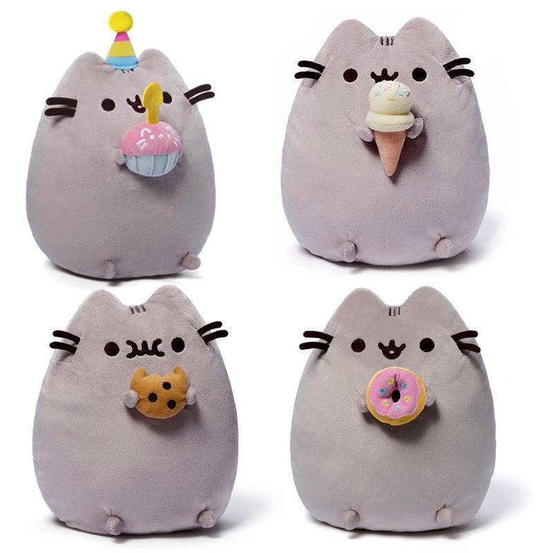 猫ぬいぐるみ ふっくら丸型グレー猫ぬいぐるみ食べ物持ちセット