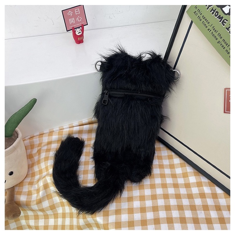 白色猫ぬいぐるみ斜めがけ起毛ふわふわ鞄