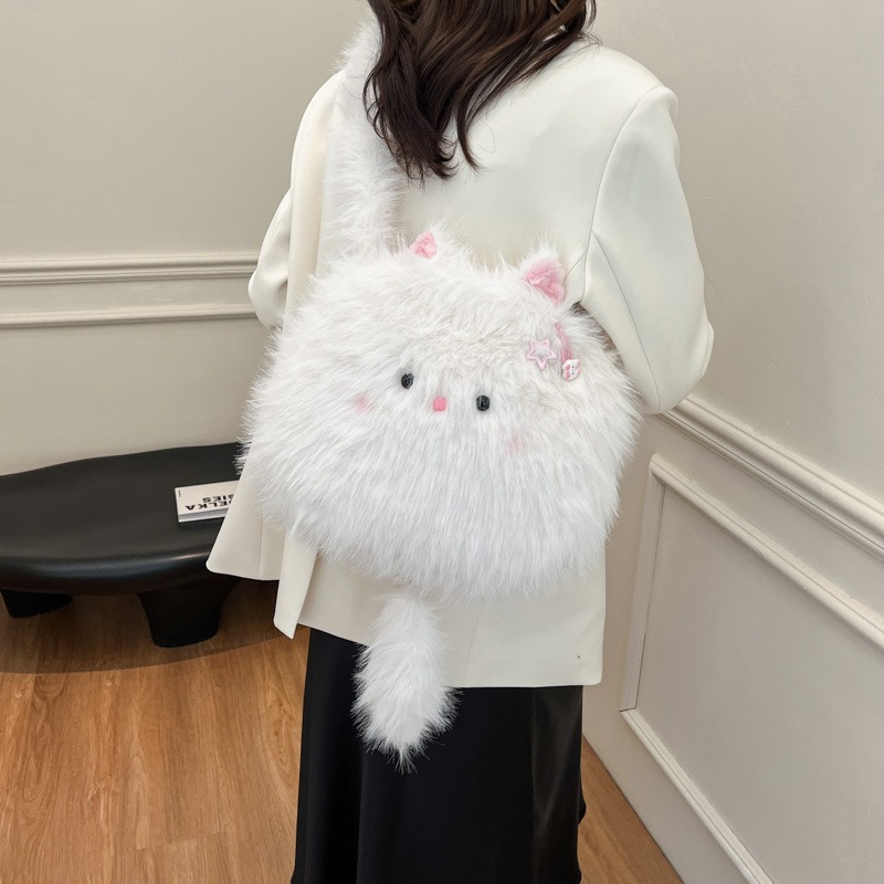 白色ふわふわ猫ぬいぐるみバッグ 子供用斜めがけかばん