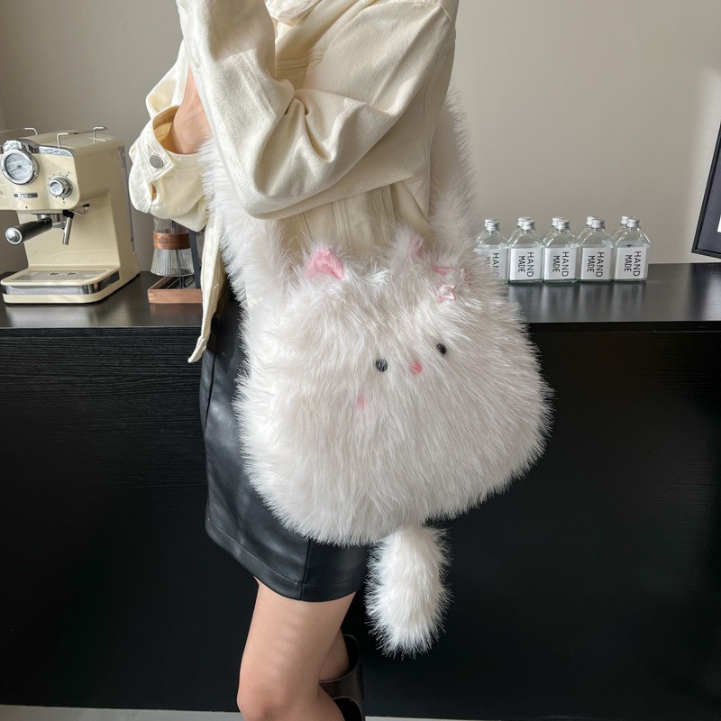 白色ふわふわ猫ぬいぐるみバッグ 子供用斜めがけかばん