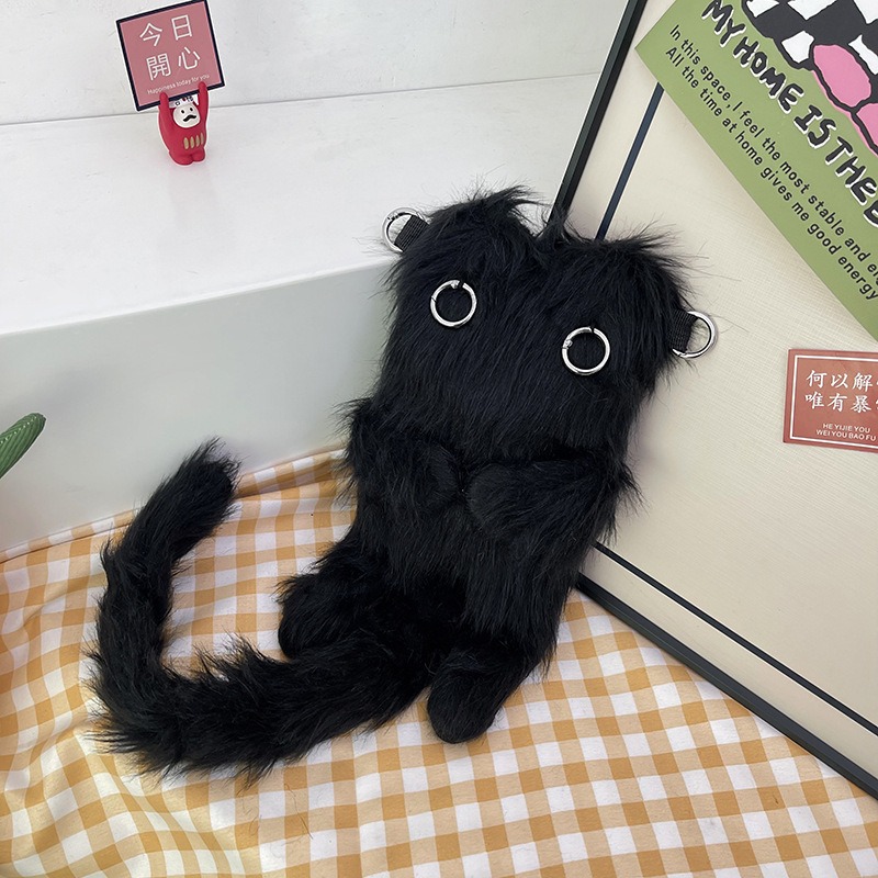 白色猫ぬいぐるみ斜めがけ起毛ふわふわ鞄