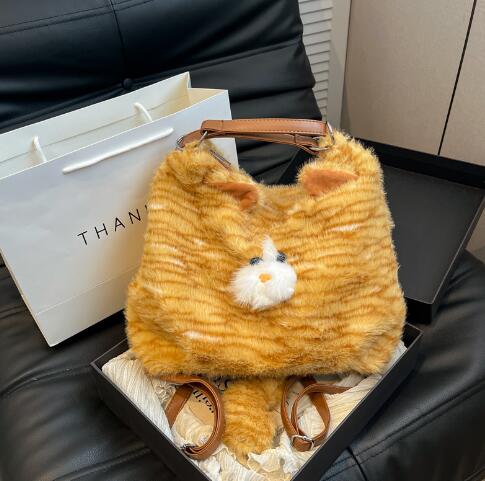 茶色猫ぬいぐるみ肩掛けバッグ レディース