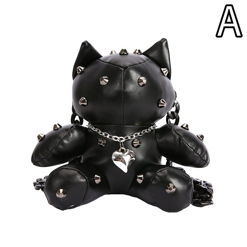 黒色猫ぬいぐるみショルダーバッグ 斜めがけスタッズ付き