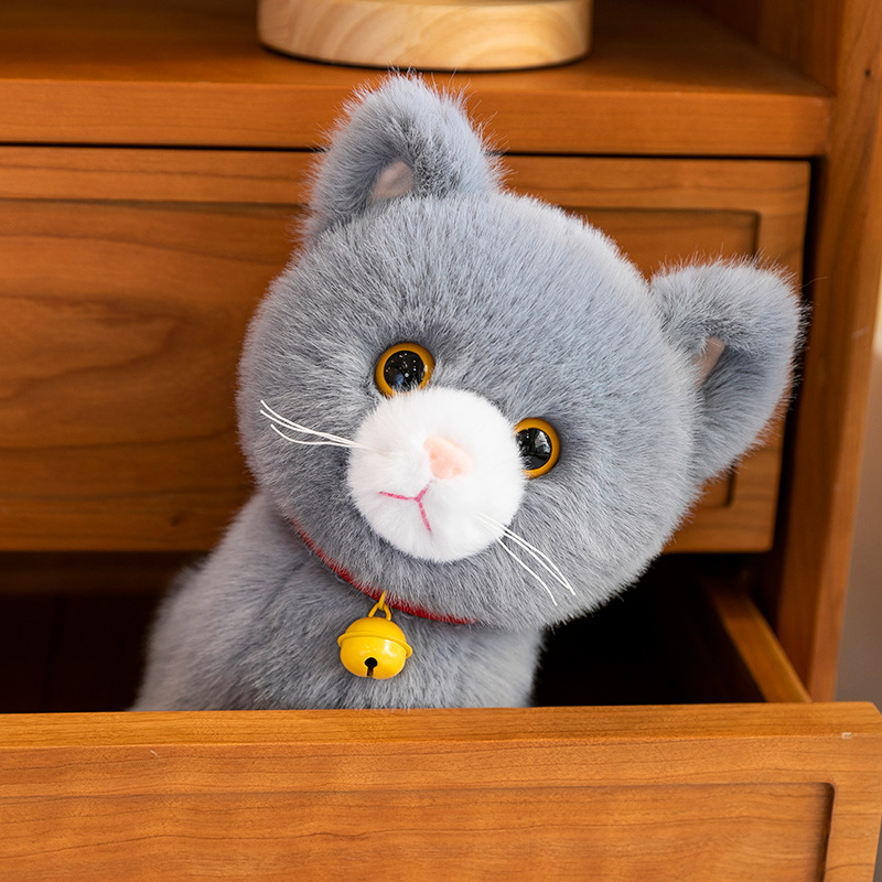 猫ぬいぐるみ 金の鈴付き愛らしいグレー色の子猫ぬいぐるみ