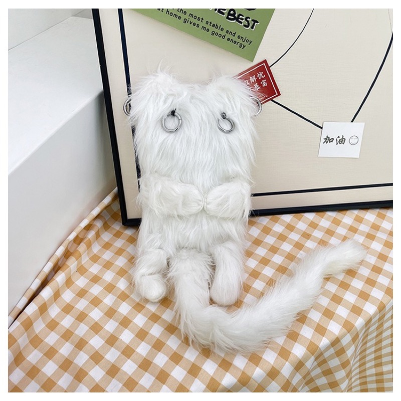 白色猫ぬいぐるみ斜めがけ起毛ふわふわ鞄