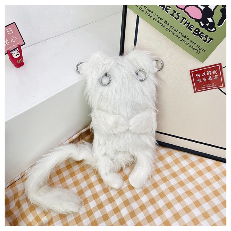 白色猫ぬいぐるみ斜めがけ起毛ふわふわ鞄