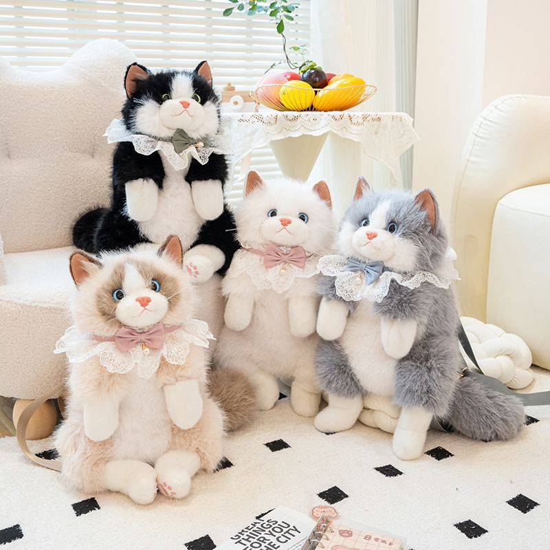 猫ぬいぐるみ レース襟リボン付きねこリュックぬいぐるみ