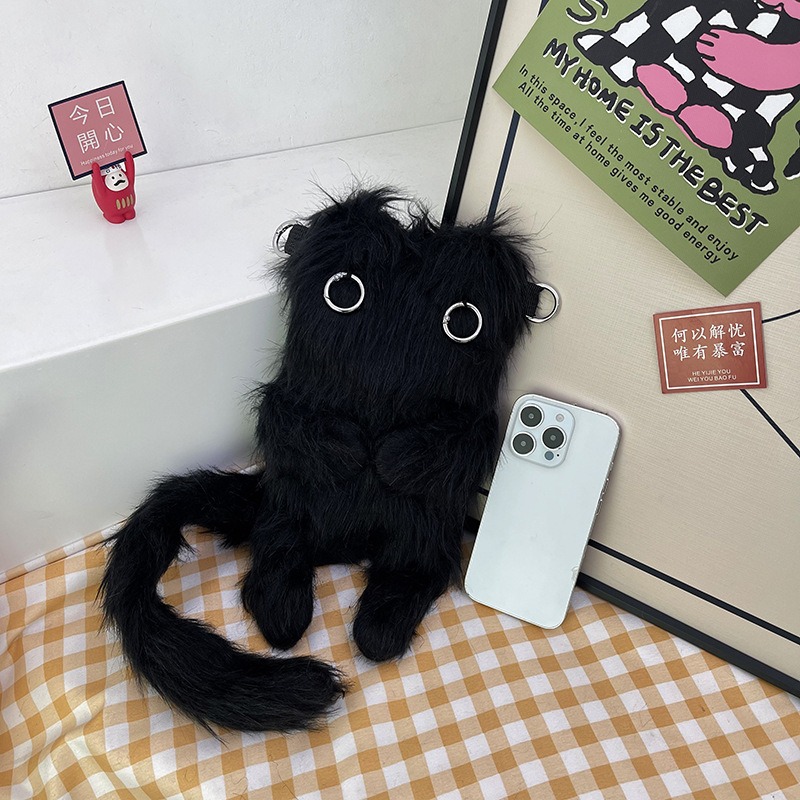 白色猫ぬいぐるみ斜めがけ起毛ふわふわ鞄