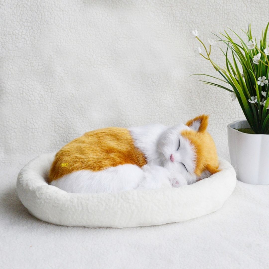 猫ぬいぐるみ 眠る猫ちゃん 茶色 電池式お腹動く抱き枕