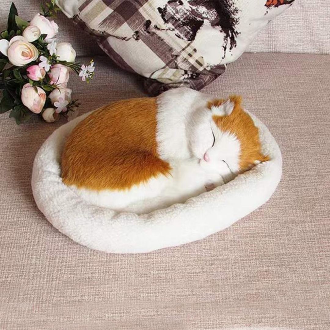 猫ぬいぐるみ 眠る猫ちゃん 茶色 電池式お腹動く抱き枕