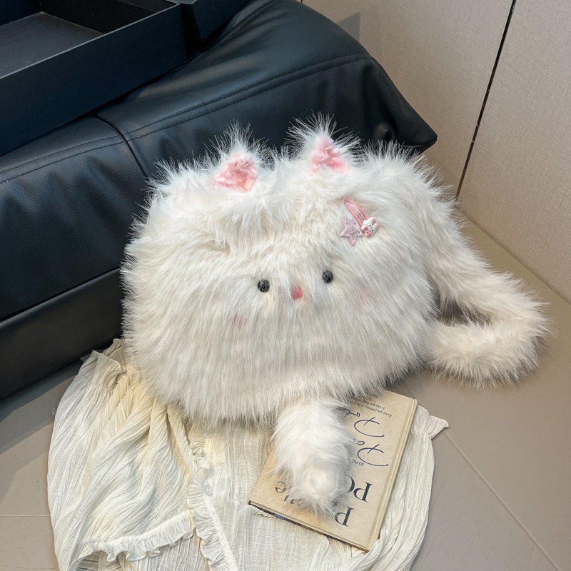 白色ふわふわ猫ぬいぐるみバッグ 子供用斜めがけかばん