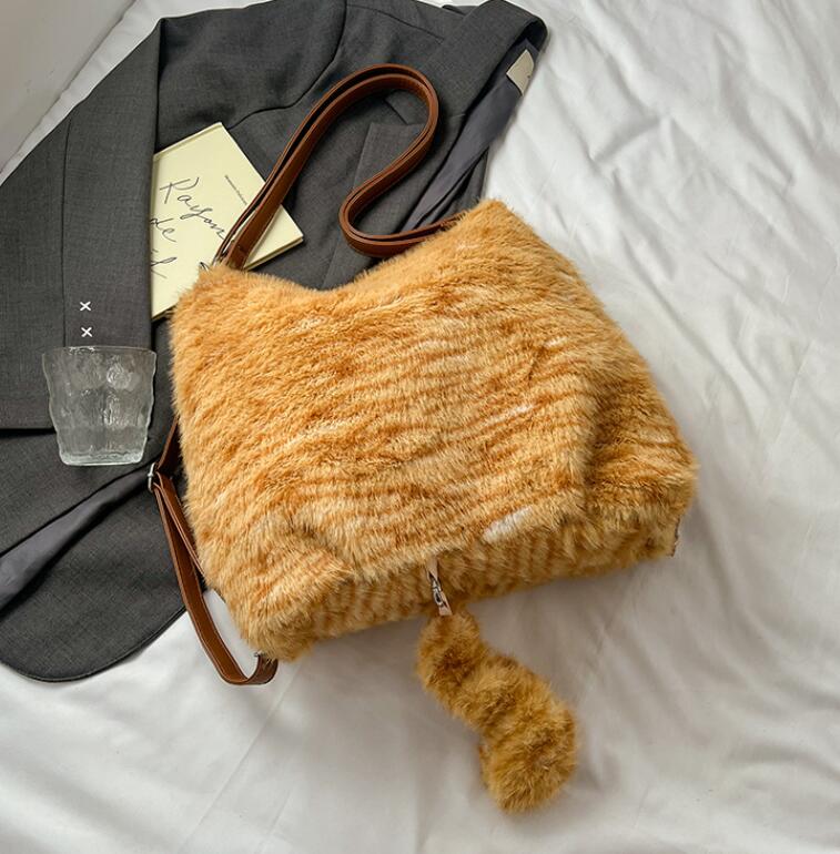 茶色猫ぬいぐるみ肩掛けバッグ レディース