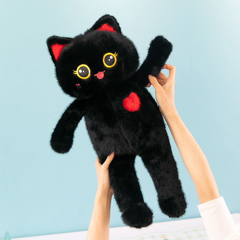 猫ぬいぐるみ 赤い耳と胸元ハートの大きな目の黒色子猫ぬいぐるみ