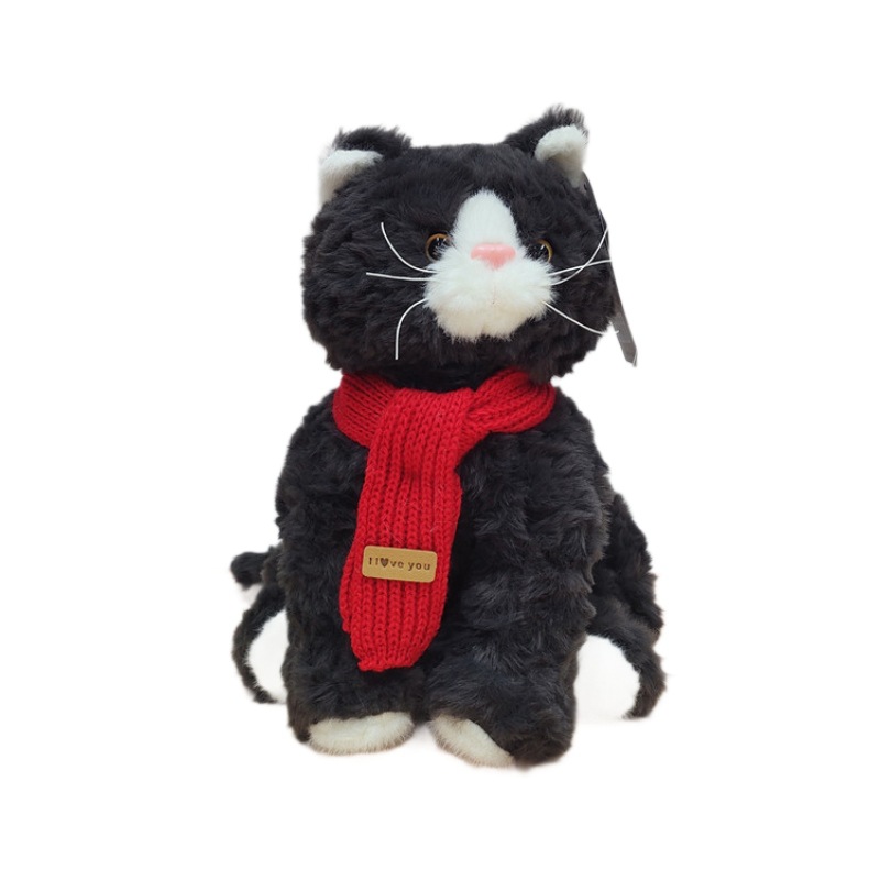 猫ぬいぐるみ 赤いマフラーをまとったおすわり猫ぬいぐるみ
