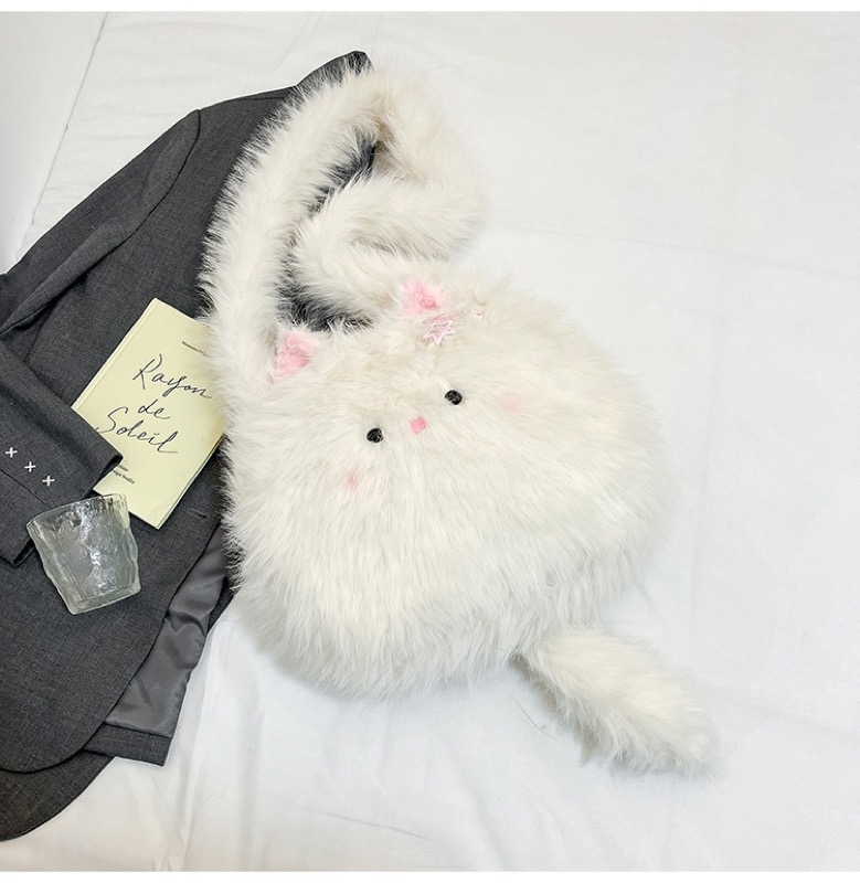 白色ふわふわ猫ぬいぐるみバッグ 子供用斜めがけかばん