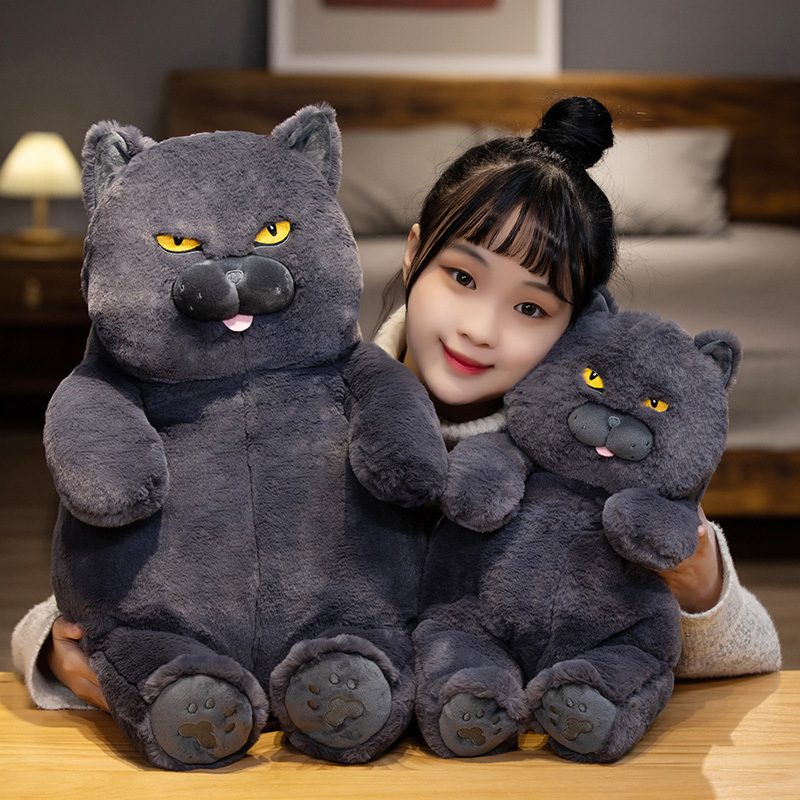 猫ぬいぐるみ ふてぶてしい表情の猫ぬいぐるみ もふもふ座り猫　黒