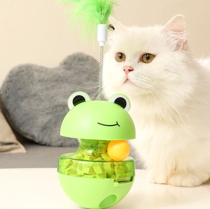 猫グッズ 運動不足解消グッズ かえる顔 ゆらゆら 餌出し知育玩具