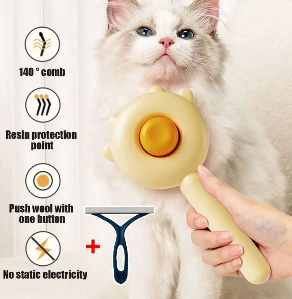 猫グッズ ワンプッシュ自動毛飛ばしスリッカーブラシセット