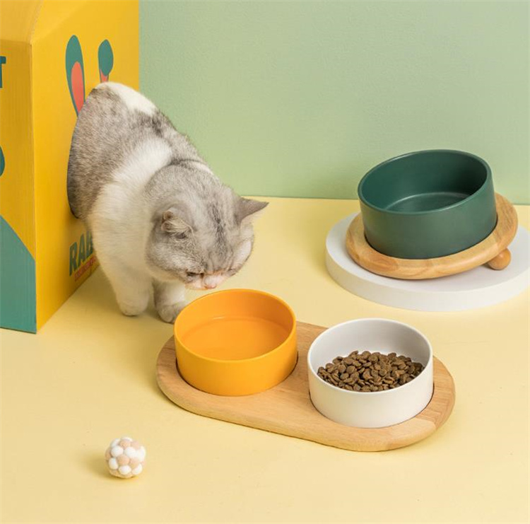猫グッズ 防災対応 猫用首保護陶磁器餌椀 木製台座付き