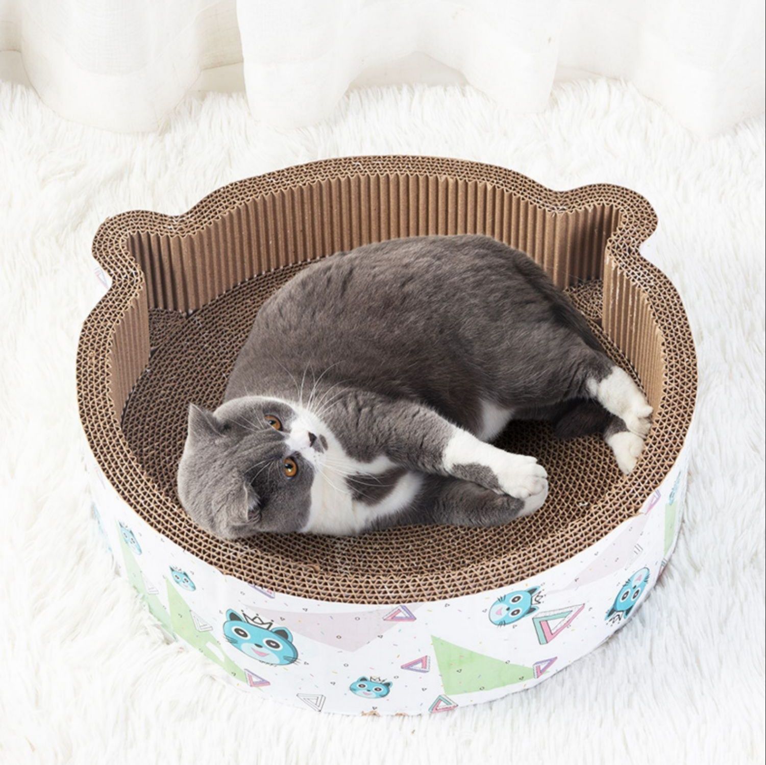 猫爪とぎ ねこ顔デザイン段ボール製猫爪とぎベッド 大型丸型