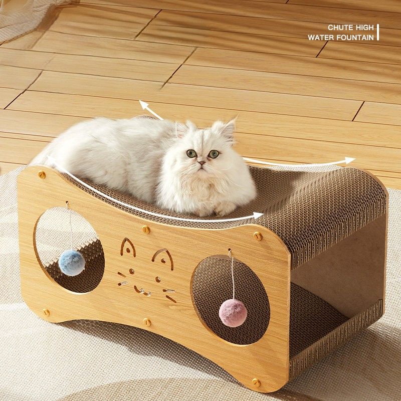 猫爪とぎ 猫顔デザインのダンボール製猫爪とぎベッド ボール付き