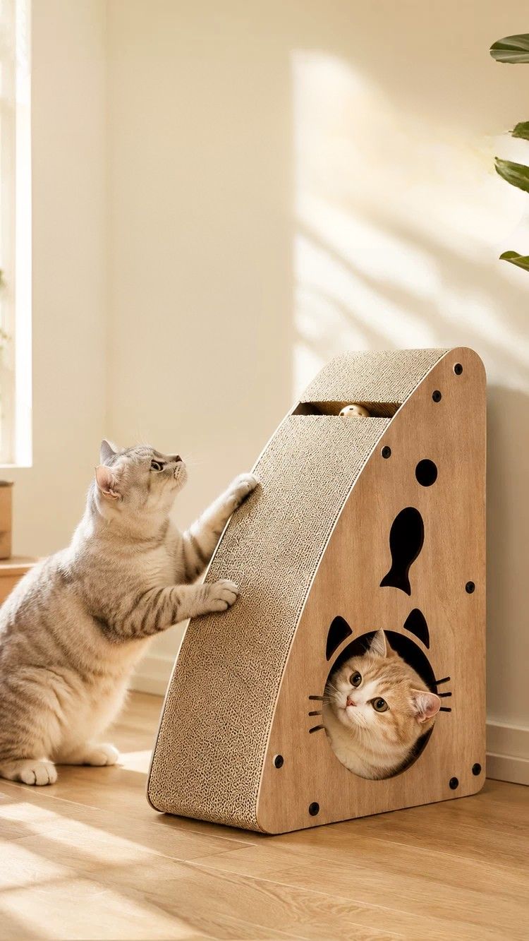  三角ハウス型猫爪とぎ付き遊び場スクラッチボード