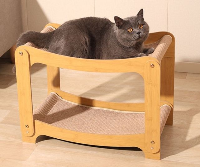 木製二段構造猫爪とぎ付きベッド