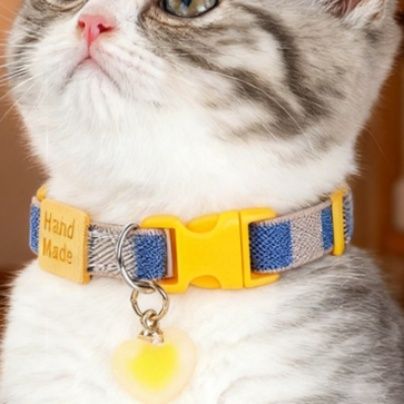 猫首輪 手作り風チェック柄ベル付き軽量猫首輪