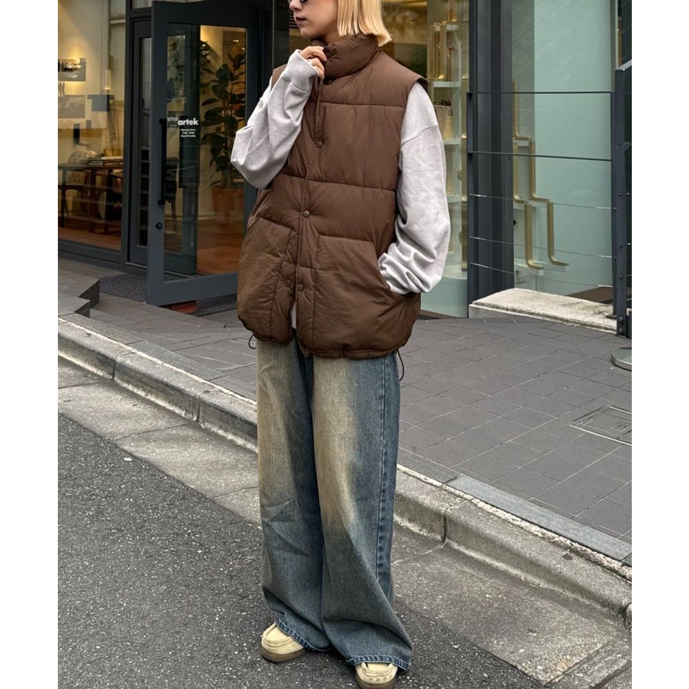ナイロンノーカラーキルティングベスト