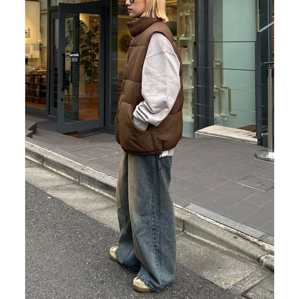 ナイロンノーカラーキルティングベスト