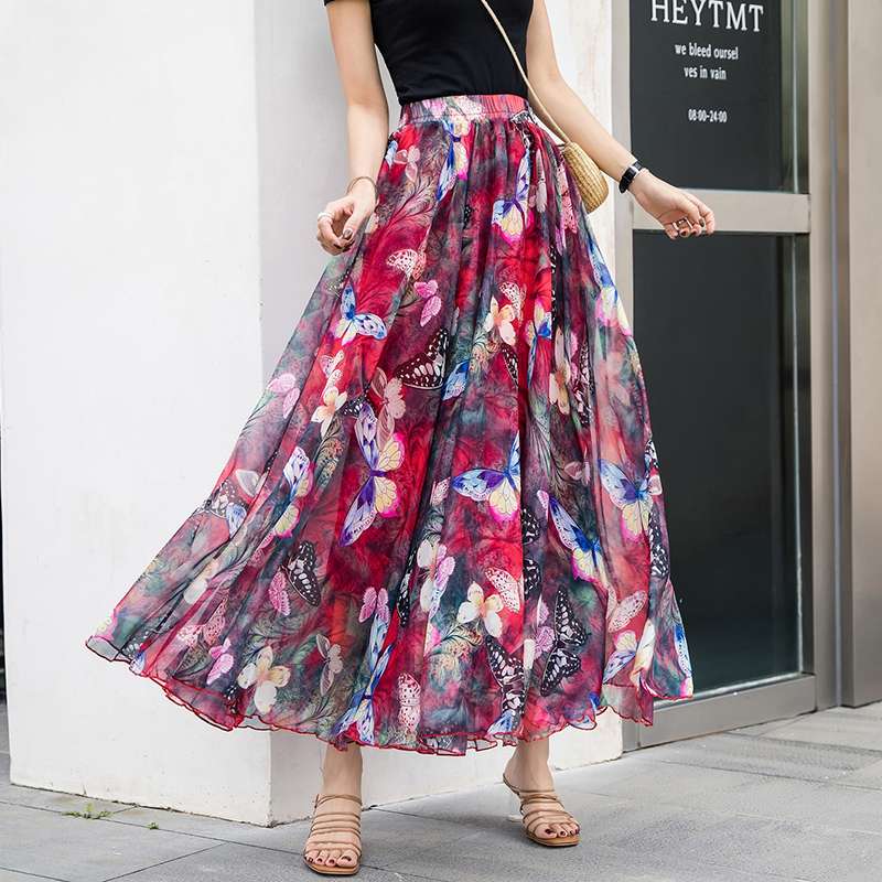 オフィスカジュアル  花柄シフォンマキシスカート