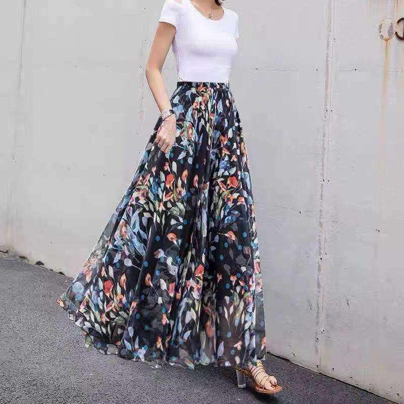 オフィスカジュアル  花柄シフォンマキシスカート