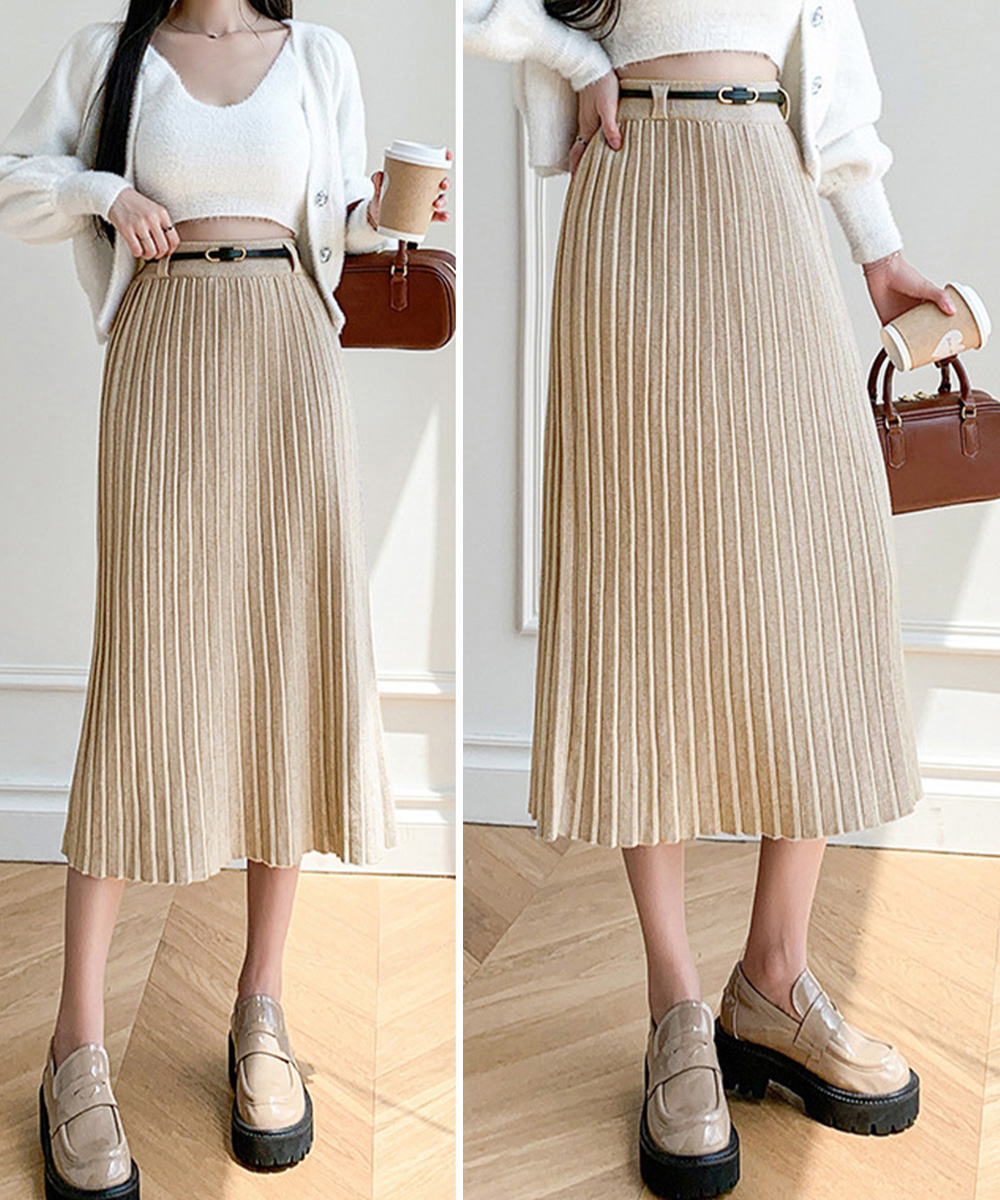 オフィスカジュアル ベルト付きハイウエストプリーツニットスカート