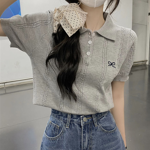 オフィスカジュアル 襟付き半袖ニット ケーブル編み刺繍トップス